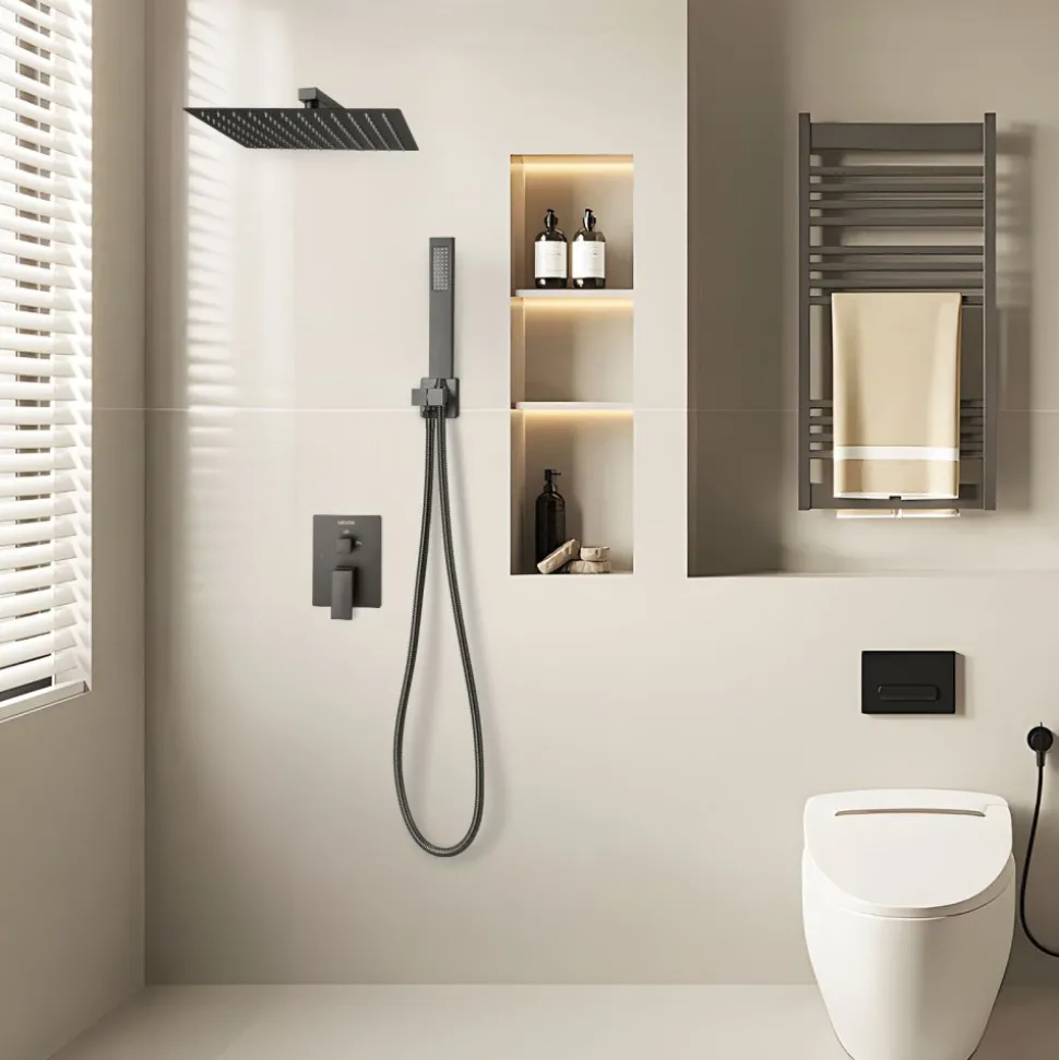 VEVOR Shower Faucet Set, Rainfall Bathroom Shower System with 12-Inch Square Rain Shower Head and Handheld Spray, Wall Mounted Bath Fixtures with Brass Valve and Trim Kit, Matte Black