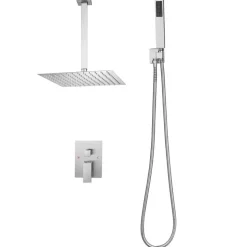 VEVOR Shower Faucet Set, Rainfall Bathroom Shower System with 12-Inch Square Rain Shower Head and Handheld Spray, Ceiling Mount Bath Fixtures with Brass Valve and Trim Kit, Brushed Nickel