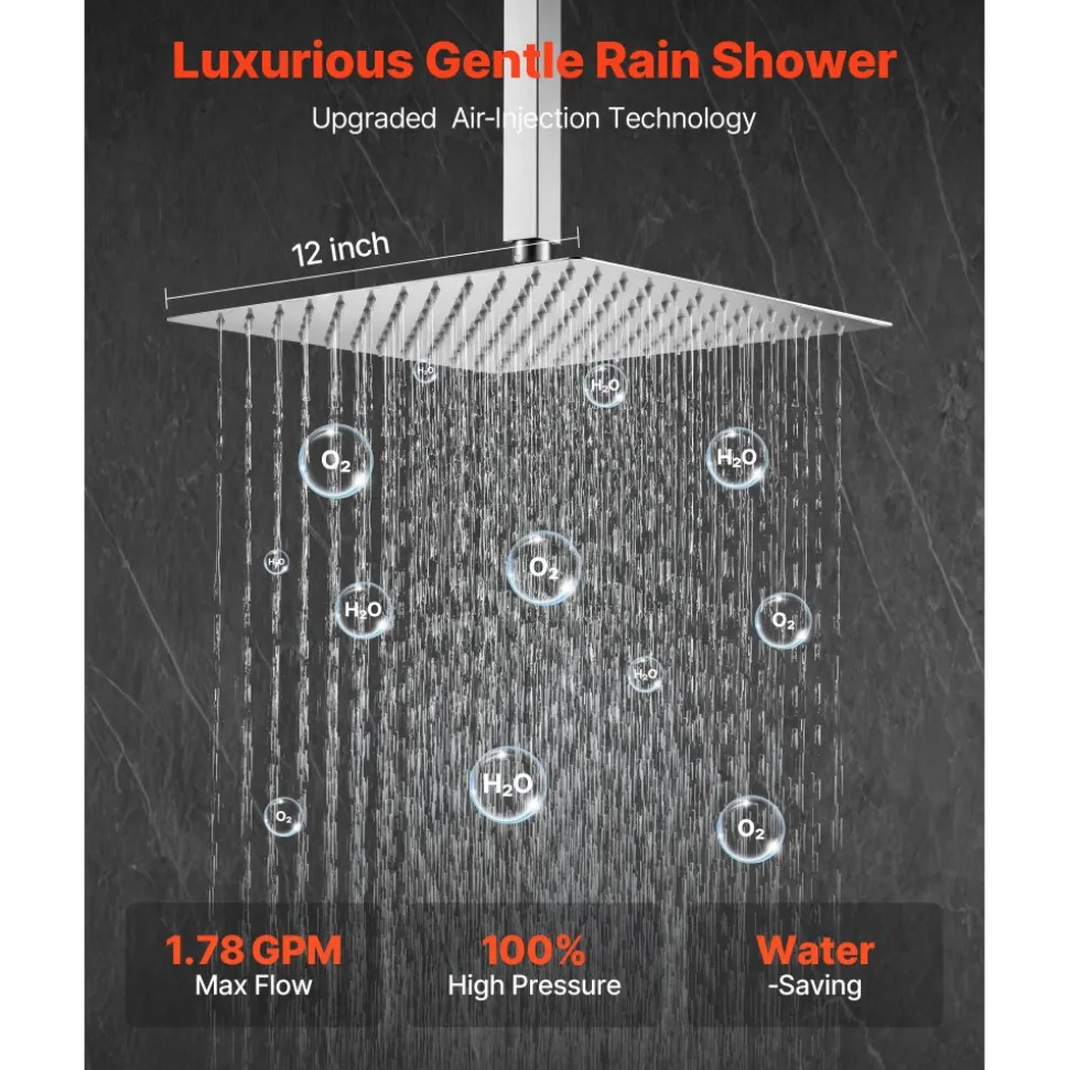VEVOR Shower Faucet Set, Rainfall Bathroom Shower System with 12-Inch Square Rain Shower Head and Handheld Spray, Ceiling Mount Bath Fixtures with Brass Valve and Trim Kit, Matte Black