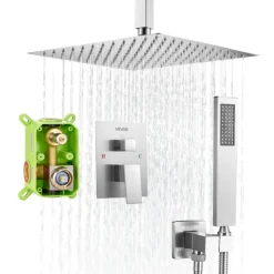 VEVOR Shower Faucet Set, Rainfall Bathroom Shower System with 12-Inch Square Rain Shower Head and Handheld Spray, Ceiling Mount Bath Fixtures with Brass Valve and Trim Kit, Matte Black