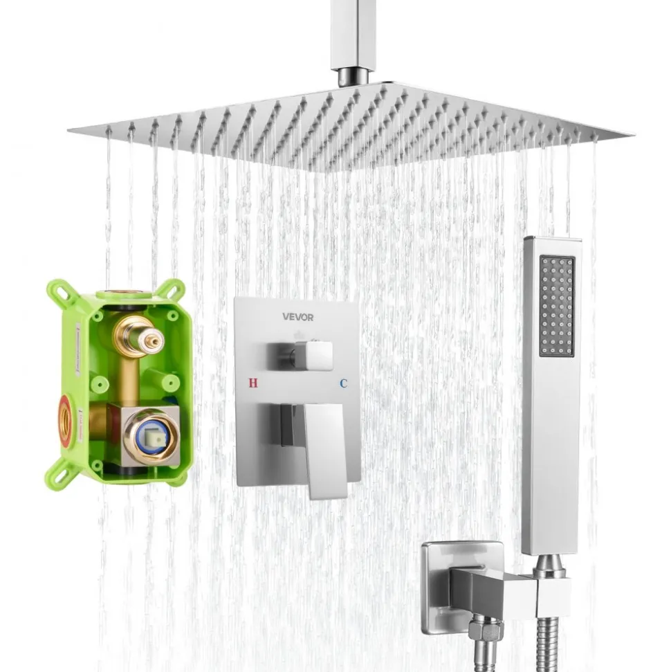VEVOR Shower Faucet Set, Rainfall Bathroom Shower System with 12-Inch Square Rain Shower Head and Handheld Spray, Ceiling Mount Bath Fixtures with Brass Valve and Trim Kit, Matte Black