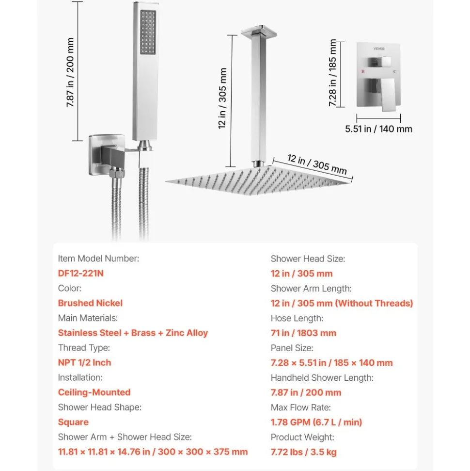 VEVOR Shower Faucet Set, Rainfall Bathroom Shower System with 12-Inch Square Rain Shower Head and Handheld Spray, Ceiling Mount Bath Fixtures with Brass Valve and Trim Kit, Matte Black