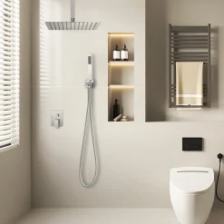 VEVOR Shower Faucet Set, Rainfall Bathroom Shower System with 12-Inch Square Rain Shower Head and Handheld Spray, Ceiling Mount Bath Fixtures with Brass Valve and Trim Kit, Matte Black