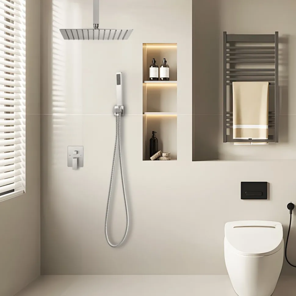 VEVOR Shower Faucet Set, Rainfall Bathroom Shower System with 12-Inch Square Rain Shower Head and Handheld Spray, Ceiling Mount Bath Fixtures with Brass Valve and Trim Kit, Matte Black