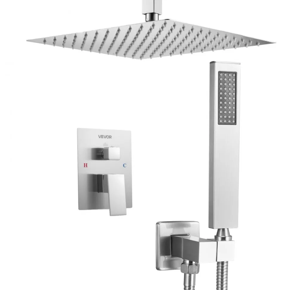VEVOR Shower Faucet Set, Rainfall Bathroom Shower System with 12-Inch Square Rain Shower Head and Handheld Spray, Ceiling Mount Bath Fixtures with Brass Valve and Trim Kit, Matte Black