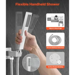 VEVOR Shower Faucet Set, Rainfall Bathroom Shower System with 12-Inch Square Rain Shower Head and Handheld Spray, Ceiling Mount Bath Fixtures with Brass Valve and Trim Kit, Matte Black