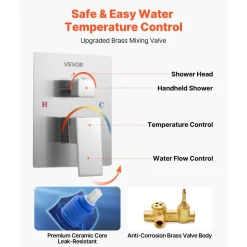 VEVOR Shower Faucet Set, Rainfall Bathroom Shower System with 12-Inch Square Rain Shower Head and Handheld Spray, Ceiling Mount Bath Fixtures with Brass Valve and Trim Kit, Matte Black