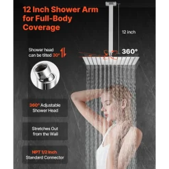 VEVOR Shower Faucet Set, Rainfall Bathroom Shower System with 12-Inch Square Rain Shower Head and Handheld Spray, Ceiling Mount Bath Fixtures with Brass Valve and Trim Kit, Matte Black