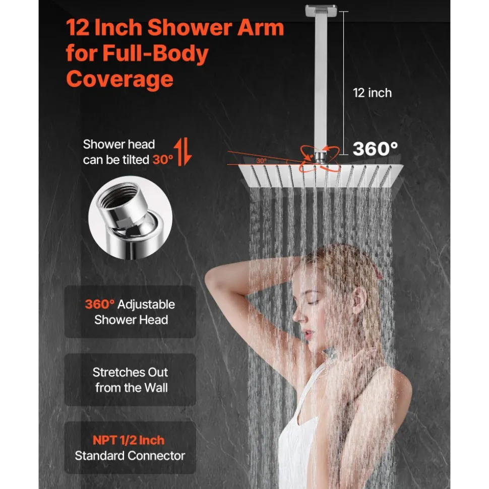VEVOR Shower Faucet Set, Rainfall Bathroom Shower System with 12-Inch Square Rain Shower Head and Handheld Spray, Ceiling Mount Bath Fixtures with Brass Valve and Trim Kit, Matte Black