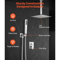VEVOR Shower Faucet Set, Rainfall Bathroom Shower System with 12-Inch Square Rain Shower Head and Handheld Spray, Ceiling Mount Bath Fixtures with Brass Valve and Trim Kit, Matte Black