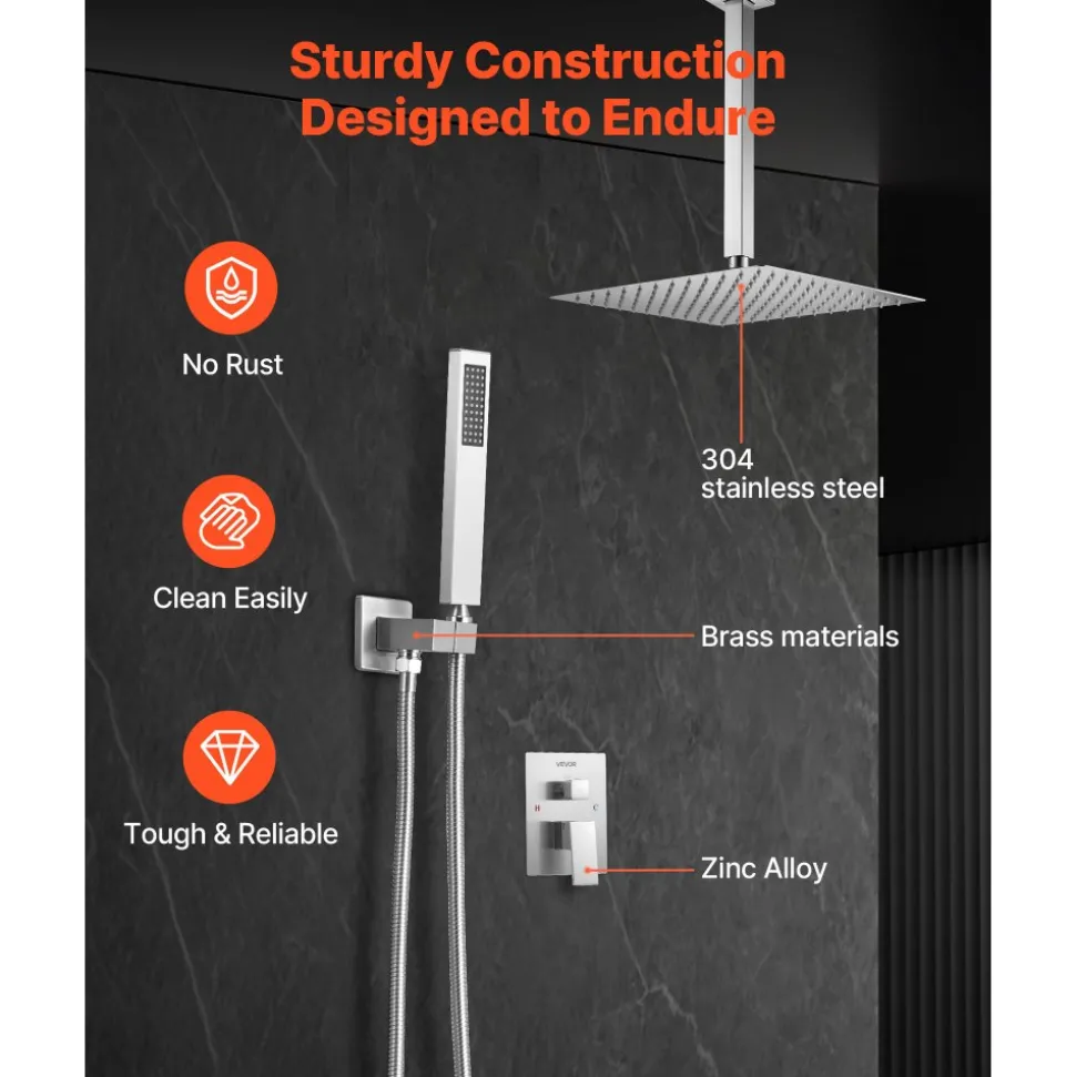 VEVOR Shower Faucet Set, Rainfall Bathroom Shower System with 12-Inch Square Rain Shower Head and Handheld Spray, Ceiling Mount Bath Fixtures with Brass Valve and Trim Kit, Matte Black