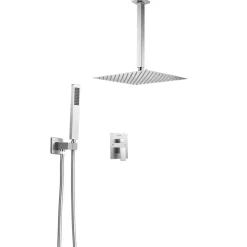 VEVOR Shower Faucet Set, Rainfall Bathroom Shower System with 12-Inch Square Rain Shower Head and Handheld Spray, Ceiling Mount Bath Fixtures with Brass Valve and Trim Kit, Matte Black