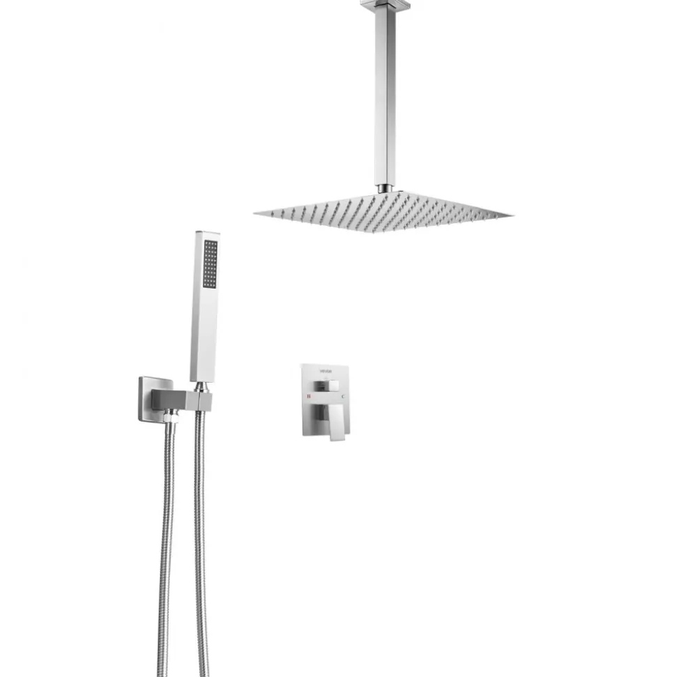 VEVOR Shower Faucet Set, Rainfall Bathroom Shower System with 12-Inch Square Rain Shower Head and Handheld Spray, Ceiling Mount Bath Fixtures with Brass Valve and Trim Kit, Matte Black