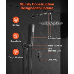 VEVOR Shower Faucet Set, Rainfall Bathroom Shower System with 10-Inch Round Rain Shower Head and Handheld Spray, Wall Mounted Bath Fixtures with Brass Valve and Trim Kit, Matte Black