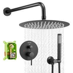 VEVOR Shower Faucet Set, Rainfall Bathroom Shower System with 10-Inch Round Rain Shower Head and Handheld Spray, Wall Mounted Bath Fixtures with Brass Valve and Trim Kit, Matte Black