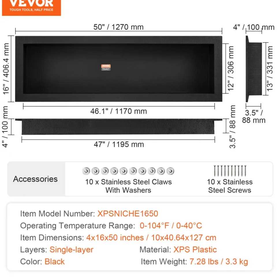 VEVOR Shower Niche Ready for Tile 16" x 50", Single Shelf Organizer, Square Corners Wall-inserted Niche Recessed, Sealed Protection Modern Soap Storage Niche for Shower Bathroom, Black