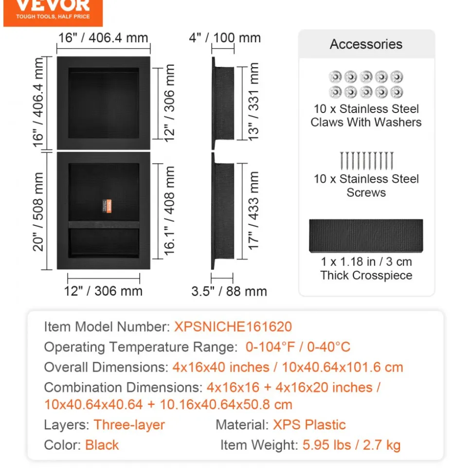 VEVOR Shower Niche Ready for Tile 16" x 16" & 16" x 20", Triple Shelf Organizer, Square Corners Wall-inserted Niche Recessed, Sealed Protection Modern Soap Storage Niche for Shower Bathroom, Black