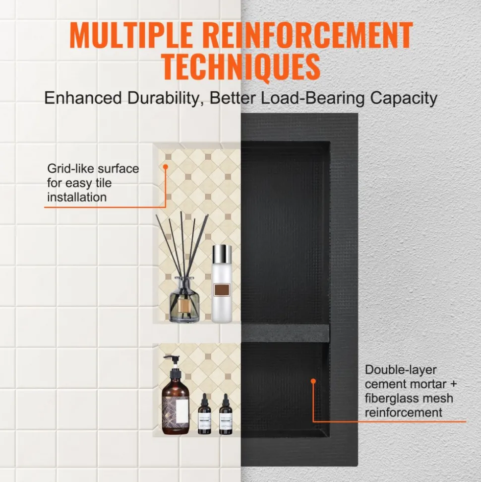 VEVOR Shower Niche Ready for Tile 16" x 24", Double Shelf Organizer, Square Corners Wall-inserted Niche Recessed, Sealed Protection Modern Soap Storage Niche for Shower Bathroom, Black
