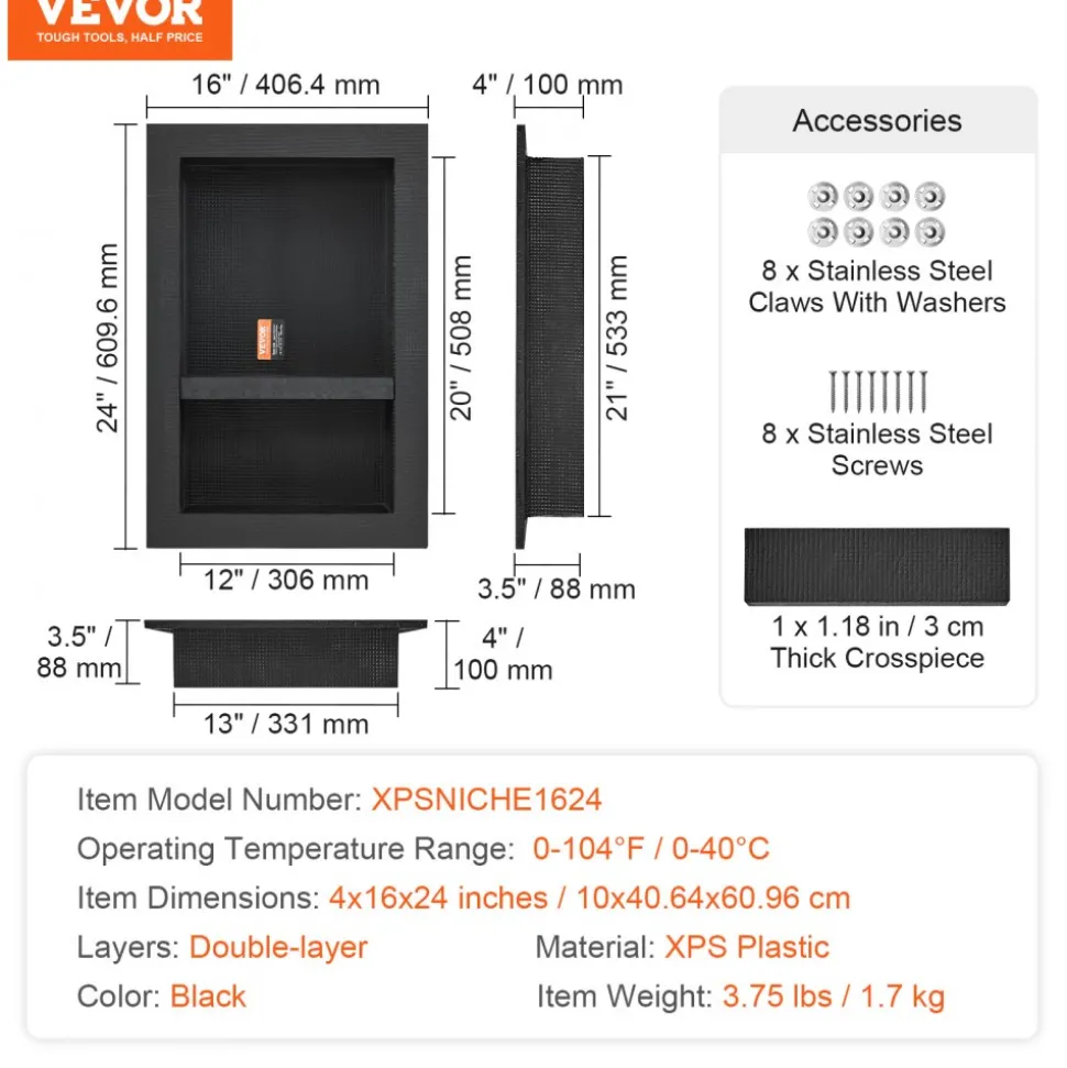 VEVOR Shower Niche Ready for Tile 16" x 24", Double Shelf Organizer, Square Corners Wall-inserted Niche Recessed, Sealed Protection Modern Soap Storage Niche for Shower Bathroom, Black