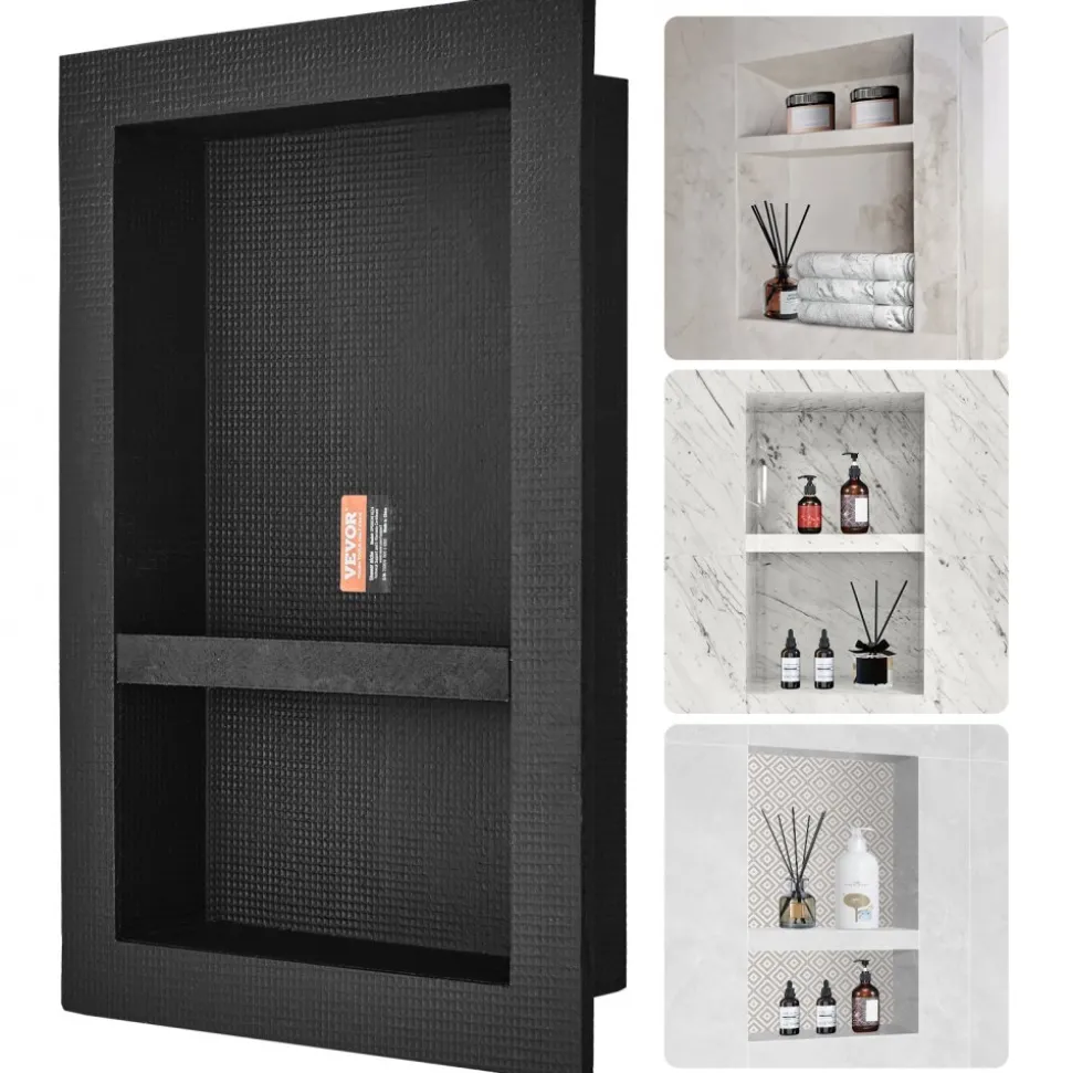 VEVOR Shower Niche Ready for Tile 16" x 24", Double Shelf Organizer, Square Corners Wall-inserted Niche Recessed, Sealed Protection Modern Soap Storage Niche for Shower Bathroom, Black
