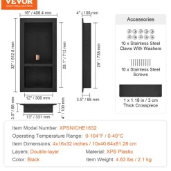 VEVOR Shower Niche Ready for Tile 16" x 16", Single Shelf Organizer, Square Corners Wall-inserted Niche Recessed, Sealed Protection Modern Soap Storage Niche for Shower Bathroom, Black