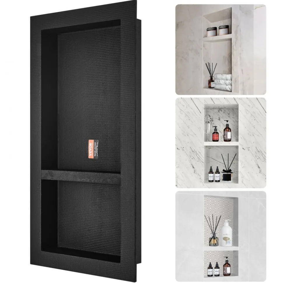 VEVOR Shower Niche Ready for Tile 16" x 16", Single Shelf Organizer, Square Corners Wall-inserted Niche Recessed, Sealed Protection Modern Soap Storage Niche for Shower Bathroom, Black