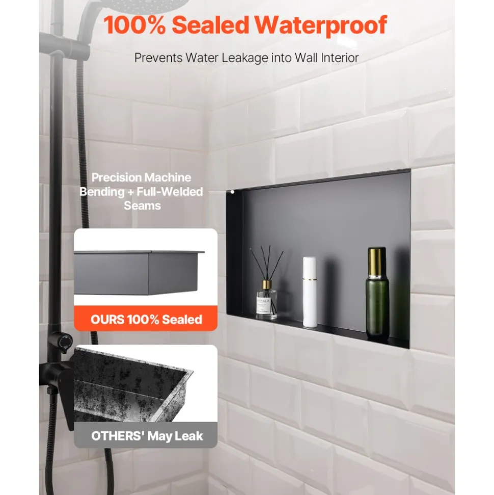 VEVOR Shower Niche, 13 x 25 x 4 inch Frameless Recessed Wall Niche, Heavy-duty Stainless Steel Modern Shampoo Storage Organizer, Sealed Waterproof, Durable & Easy to Install, Black for Bathroom