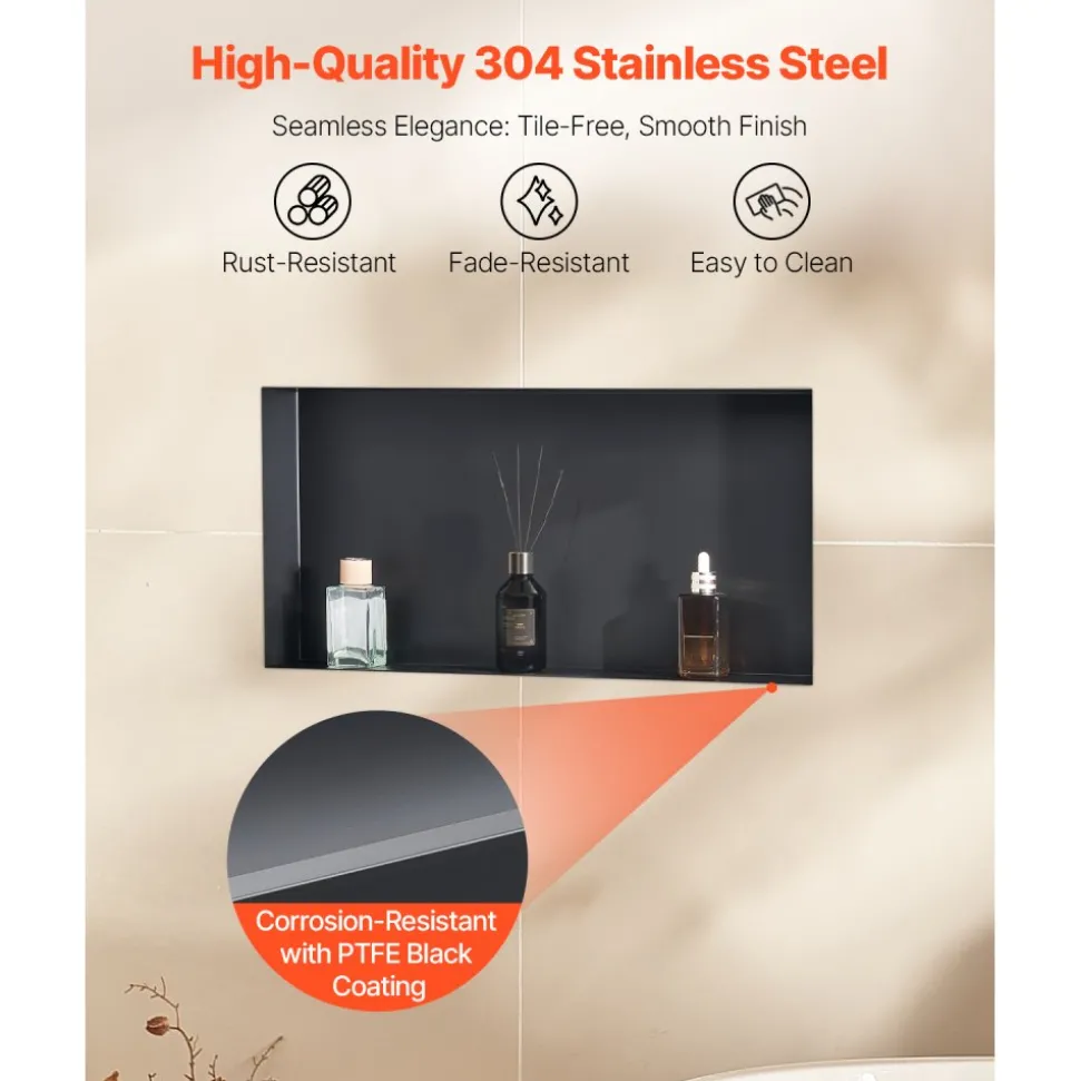 VEVOR Shower Niche, 13 x 25 x 4 inch Frameless Recessed Wall Niche, Heavy-duty Stainless Steel Modern Shampoo Storage Organizer, Sealed Waterproof, Durable & Easy to Install, Black for Bathroom