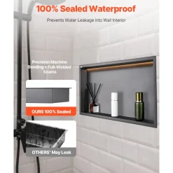 VEVOR Shower Niche, 13 x 25 x 4 inch Recessed Wall Niche With LED Strip,Heavy-duty Stainless Steel Modern Shampoo Storage Organizer,Sealed Waterproof, Durable & Easy to Install,Black for Bathroom