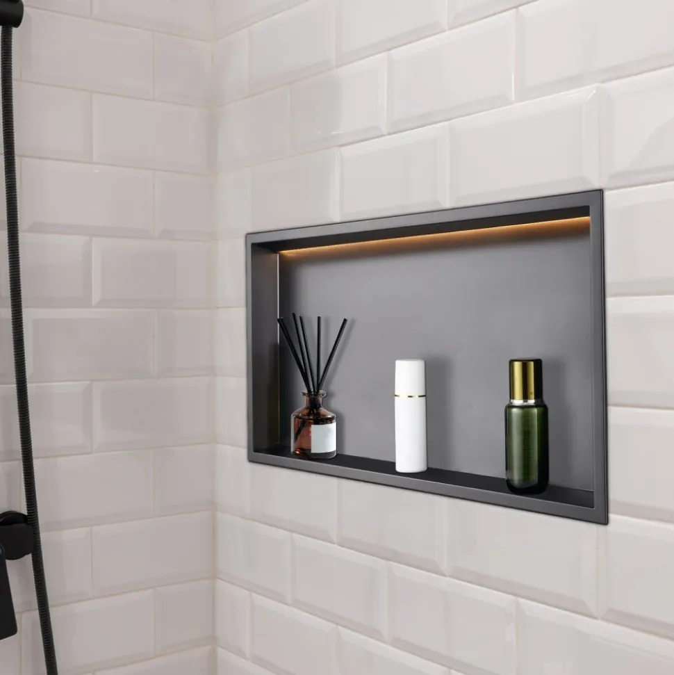 VEVOR Shower Niche, 13 x 25 x 4 inch Recessed Wall Niche With LED Strip,Heavy-duty Stainless Steel Modern Shampoo Storage Organizer,Sealed Waterproof, Durable & Easy to Install,Black for Bathroom