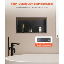 VEVOR Shower Niche, 13 x 25 x 4 inch Recessed Wall Niche With LED Strip,Heavy-duty Stainless Steel Modern Shampoo Storage Organizer,Sealed Waterproof, Durable & Easy to Install,Black for Bathroom