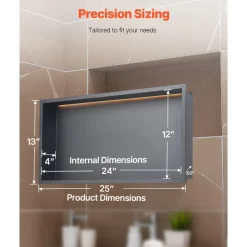 VEVOR Shower Niche, 13 x 25 x 4 inch Recessed Wall Niche With LED Strip,Heavy-duty Stainless Steel Modern Shampoo Storage Organizer,Sealed Waterproof, Durable & Easy to Install,Black for Bathroom