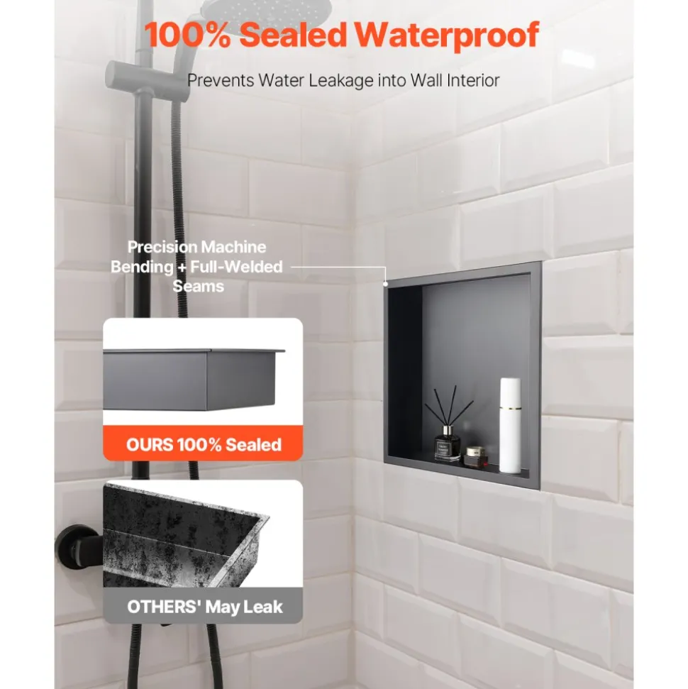 VEVOR Shower Niche, 13 x 13 x 4 inch Recessed Wall Niche, Heavy-duty Stainless Steel Modern Soap & Shampoo Storage Organizer, Sealed Waterproof, Durable & Easy to Install,Black for Bathroom