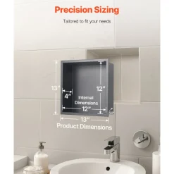 VEVOR Shower Niche, 13 x 13 x 4 inch Recessed Wall Niche, Heavy-duty Stainless Steel Modern Soap & Shampoo Storage Organizer, Sealed Waterproof, Durable & Easy to Install,Black for Bathroom