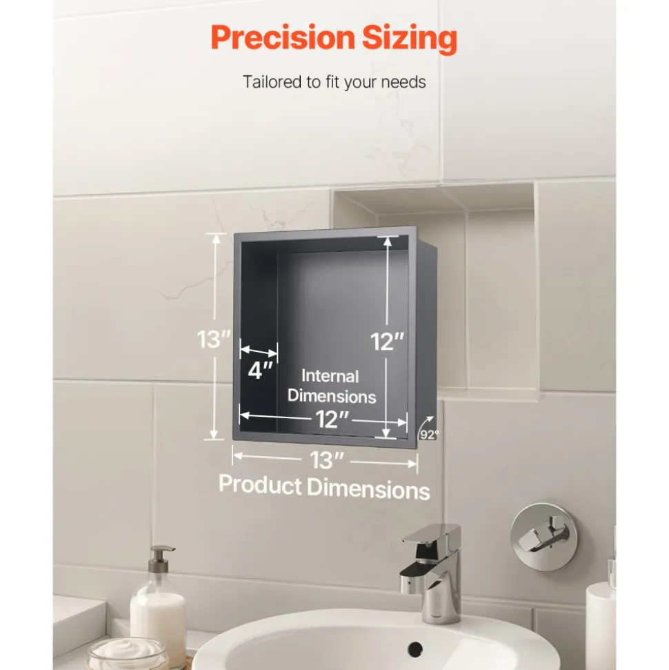 VEVOR Shower Niche, 13 x 13 x 4 inch Recessed Wall Niche, Heavy-duty Stainless Steel Modern Soap & Shampoo Storage Organizer, Sealed Waterproof, Durable & Easy to Install,Black for Bathroom