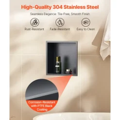 VEVOR Shower Niche, 13 x 13 x 4 inch Recessed Wall Niche, Heavy-duty Stainless Steel Modern Soap & Shampoo Storage Organizer, Sealed Waterproof, Durable & Easy to Install,Black for Bathroom