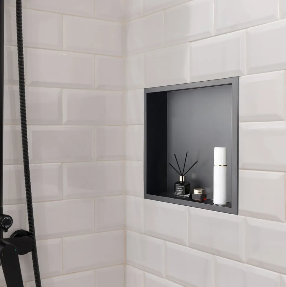 VEVOR Shower Niche, 13 x 13 x 4 inch Recessed Wall Niche, Heavy-duty Stainless Steel Modern Soap & Shampoo Storage Organizer, Sealed Waterproof, Durable & Easy to Install,Black for Bathroom