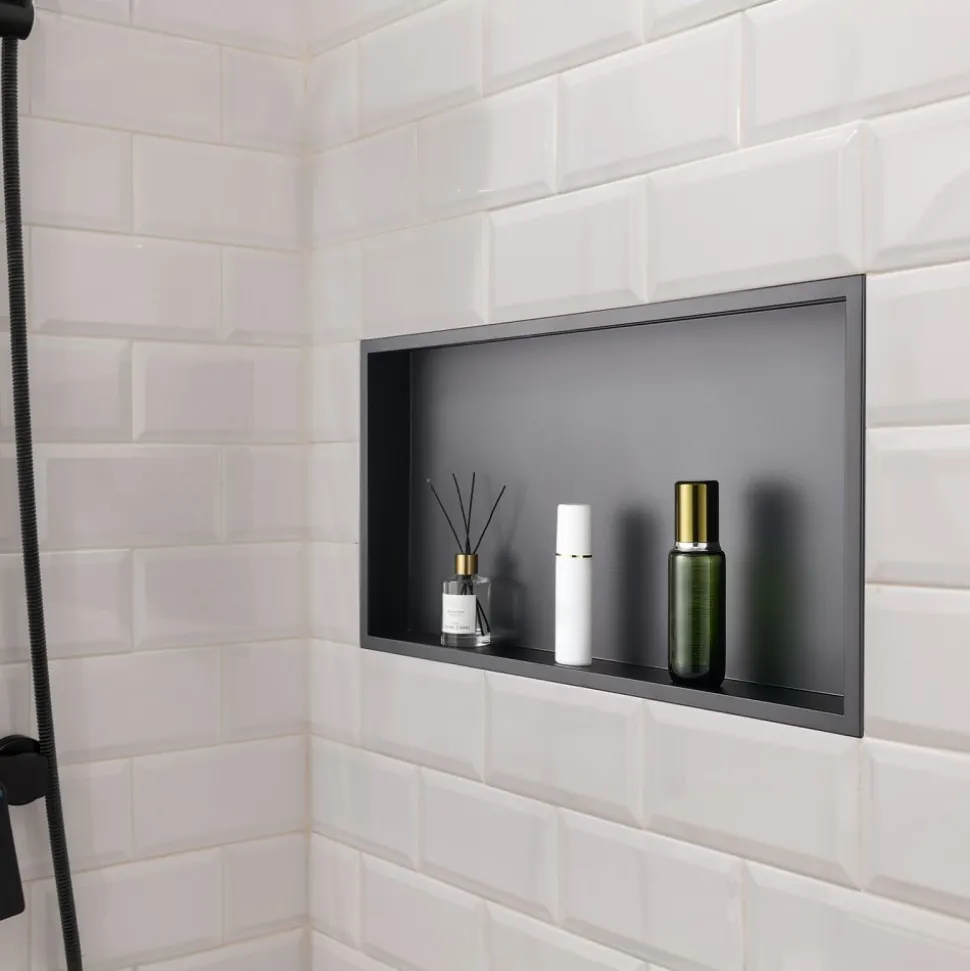 VEVOR Shower Niche, 13 x 25 x 4 inch Recessed Wall Niche, Heavy-duty Stainless Steel Modern Soap & Shampoo Storage Organizer, Sealed Waterproof, Durable & Easy to Install,Black for Bathroom