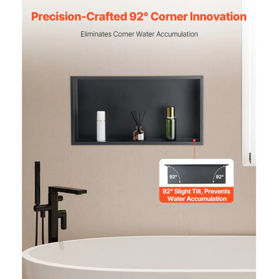 VEVOR Shower Niche, 13 x 25 x 4 inch Recessed Wall Niche, Heavy-duty Stainless Steel Modern Soap & Shampoo Storage Organizer, Sealed Waterproof, Durable & Easy to Install,Black for Bathroom