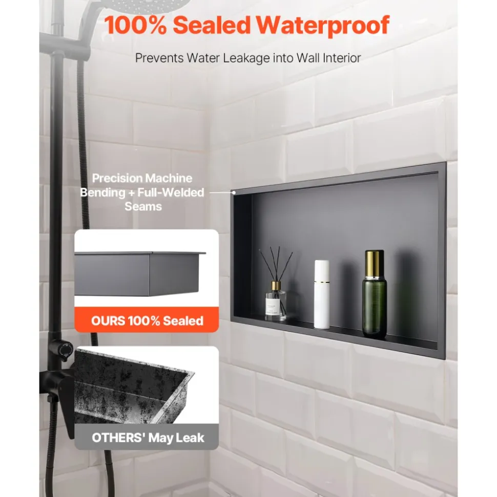 VEVOR Shower Niche, 13 x 25 x 4 inch Recessed Wall Niche, Heavy-duty Stainless Steel Modern Soap & Shampoo Storage Organizer, Sealed Waterproof, Durable & Easy to Install,Black for Bathroom