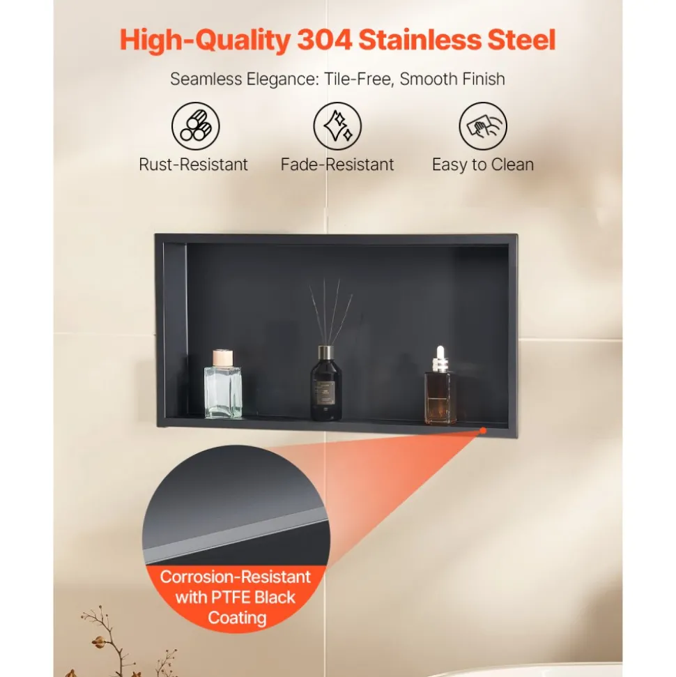 VEVOR Shower Niche, 13 x 25 x 4 inch Recessed Wall Niche, Heavy-duty Stainless Steel Modern Soap & Shampoo Storage Organizer, Sealed Waterproof, Durable & Easy to Install,Black for Bathroom