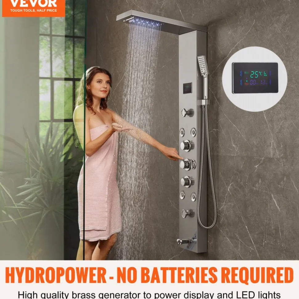 VEVOR Shower Panel System, 6 Shower Modes, LED & Screen Hydroelectricity Shower Panel Tower, Rainfall, Waterfall, 8 Massage Jets, Tub Spout, Handheld Shower, Stainless Steel Wall-Mounted Shower Set