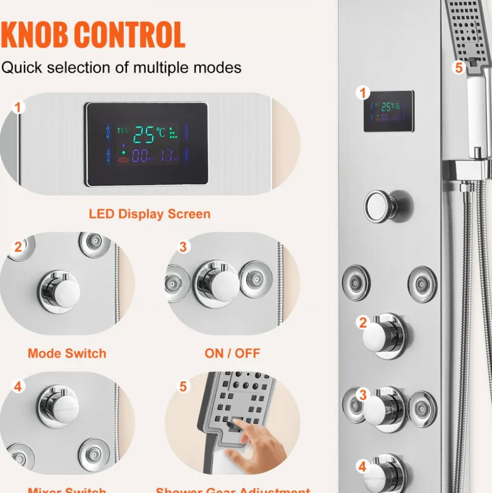 VEVOR Shower Panel System, 6 Shower Modes, LED & Screen Hydroelectricity Shower Panel Tower, Rainfall, Waterfall, 8 Massage Jets, Tub Spout, Handheld Shower, Stainless Steel Wall-Mounted Shower Set