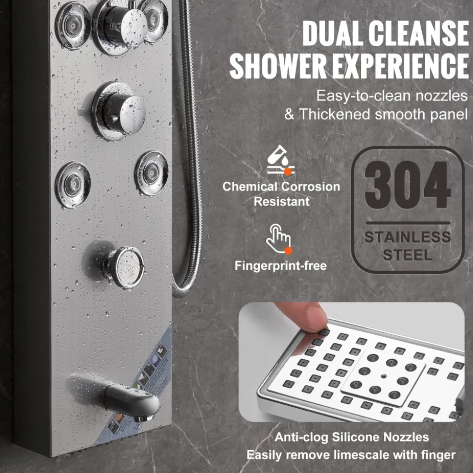 VEVOR Shower Panel System, 6 Shower Modes, LED & Screen Hydroelectricity Shower Panel Tower, Rainfall, Waterfall, 8 Massage Jets, Tub Spout, Handheld Shower, Stainless Steel Wall-Mounted Shower Set