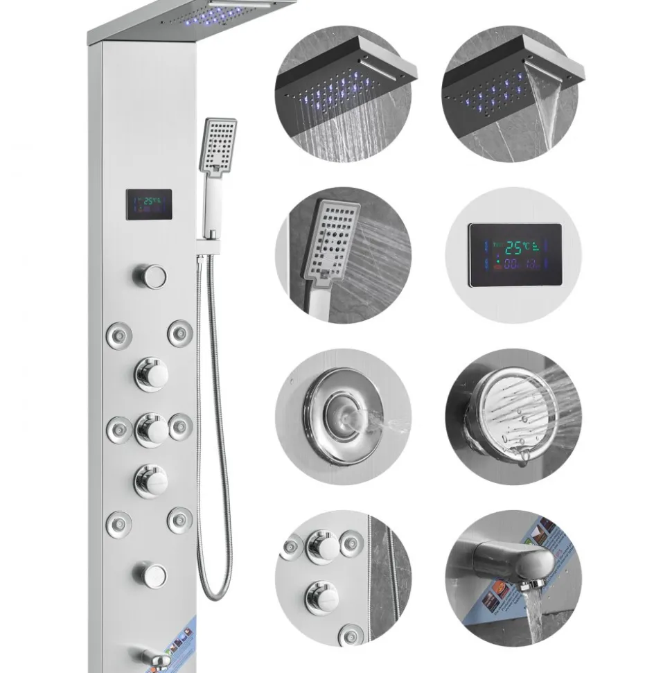 VEVOR Shower Panel System, 6 Shower Modes, LED & Screen Hydroelectricity Shower Panel Tower, Rainfall, Waterfall, 8 Massage Jets, Tub Spout, Handheld Shower, Stainless Steel Wall-Mounted Shower Set