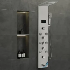 VEVOR Shower Panel System, 6 Shower Modes, LED & Screen Hydroelectricity Shower Panel Tower, Rainfall, Waterfall, 8 Massage Jets, Tub Spout, Handheld Shower, Stainless Steel Wall-Mounted Shower Set