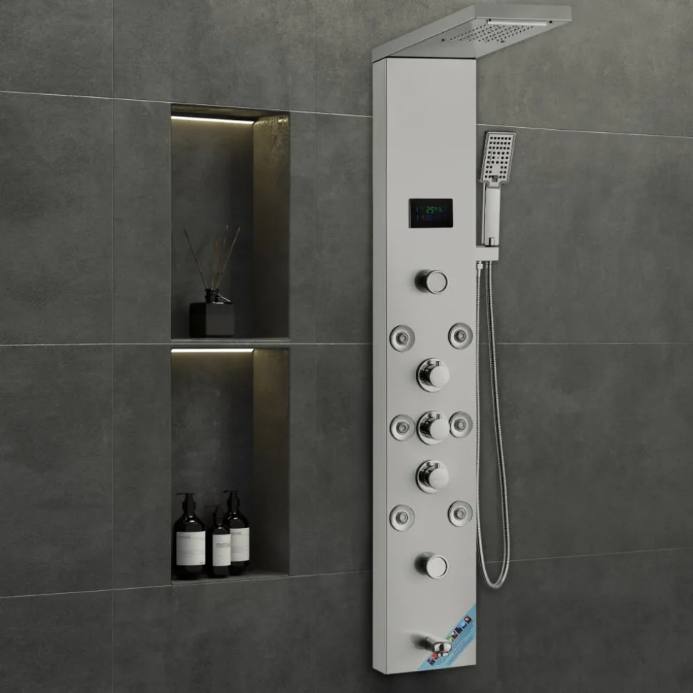 VEVOR Shower Panel System, 6 Shower Modes, LED & Screen Hydroelectricity Shower Panel Tower, Rainfall, Waterfall, 8 Massage Jets, Tub Spout, Handheld Shower, Stainless Steel Wall-Mounted Shower Set