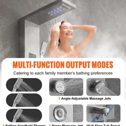 VEVOR Shower Panel System, 6 Shower Modes, LED & Screen Hydroelectricity Shower Panel Tower, Rainfall, Waterfall, 8 Massage Jets, Tub Spout, Handheld Shower, Stainless Steel Wall-Mounted Shower Set