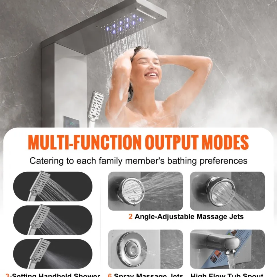 VEVOR Shower Panel System, 6 Shower Modes, LED & Screen Hydroelectricity Shower Panel Tower, Rainfall, Waterfall, 8 Massage Jets, Tub Spout, Handheld Shower, Stainless Steel Wall-Mounted Shower Set