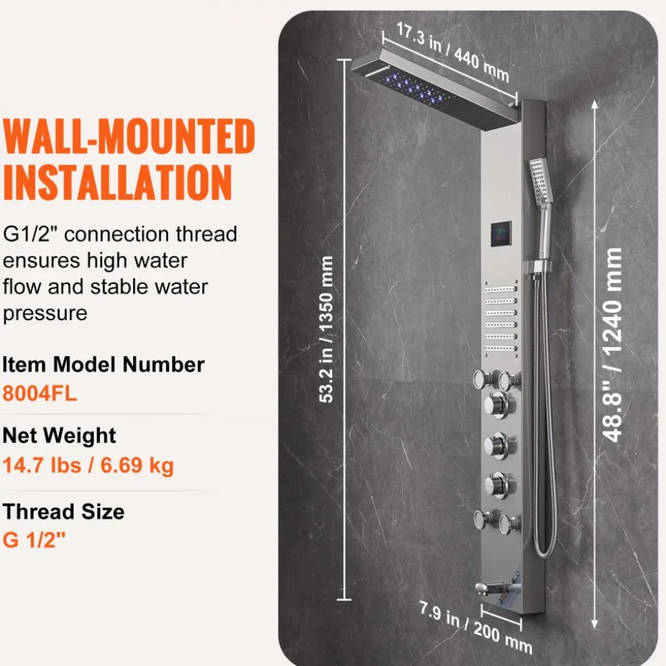 VEVOR Shower Panel System, 6 Shower Modes, LED & Screen Hydroelectricity Shower Panel Tower, Rainfall, Waterfall, 5 Massage Jets, Tub Spout, Handheld Shower, Stainless Steel Wall-Mounted Shower Set